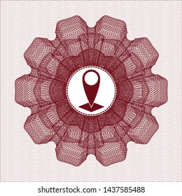Red rosette or money style emblem with map pointer icon inside