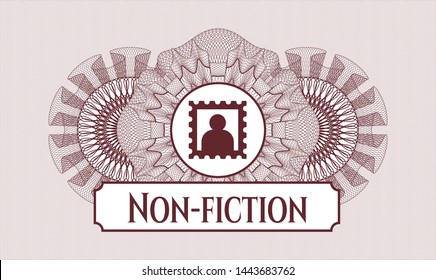 Red rosette or money style emblem with picture icon and Non-fiction text inside