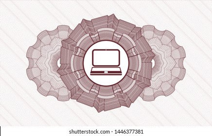 Red rosette (money style emblem) with laptop icon inside