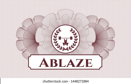 Red rosette (money style emblem) with weightlifting inside of crown icon and Ablaze text inside