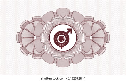 Red rosette or money style emblem with gender dysphoria icon inside