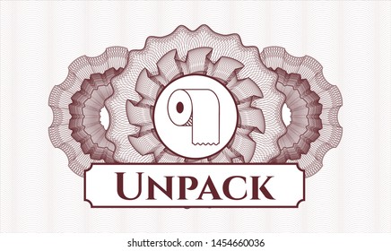 Red rosette or money style emblem with toilet paper icon and Unpack text inside