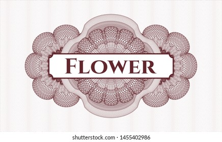 Red rosette (money style emblem) with text Flower inside