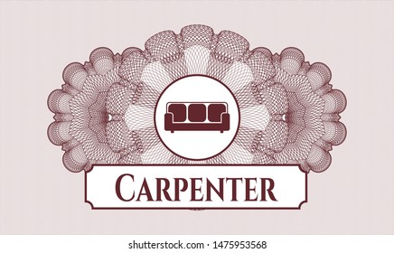 Red rosette (money style emblem) with couch icon and Carpenter text inside