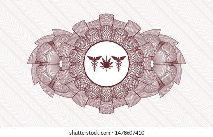 Red rosette (money style emblem) with medicinal weed icon inside