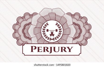 Red rosette (money style emblem) with weightlifting inside of crown icon and Perjury text inside