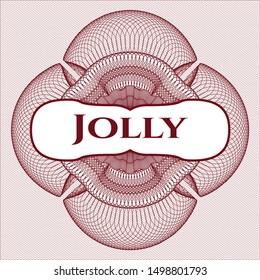 Red rosette (money style emblem) with text Jolly inside