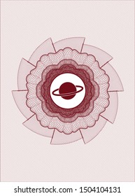 Red rosette (money style emblem) with planet, saturn icon inside