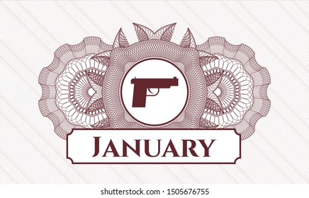 Red rosette or money style emblem with pistol icon and January text inside