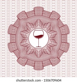 Red rosette or money style emblem with wine cup icon inside