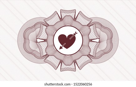 Red rosette or money style emblem with heart with arrow icon inside