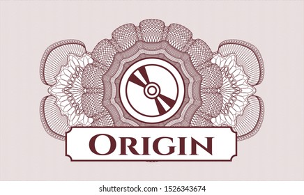 Red rosette (money style emblem) with CD or DVD disc icon and Origin text inside