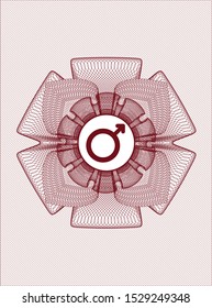 Red rosette or money style emblem with male icon inside