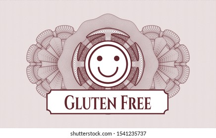 Red rosette (money style emblem) with happy face icon and Gluten Free text inside