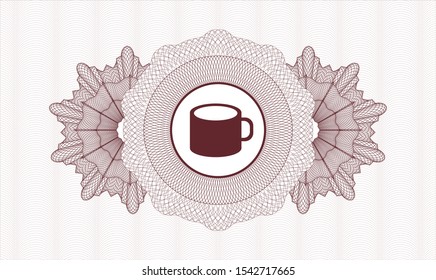 Red rosette (money style emblem) with coffee cup icon inside