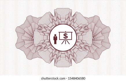Red rosette or money style emblem with business presentation icon inside