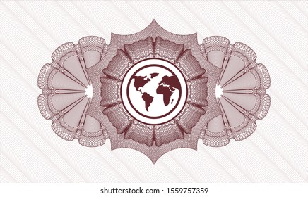 Red rosette (money style emblem) with earth icon inside