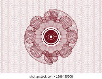 Red rosette or money style emblem with weightlifting or powerlifting plate (45 lbs) icon inside