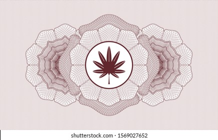 Red rosette or money style emblem with marijuana leaf, weed icon inside