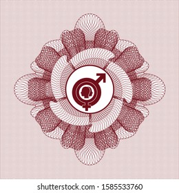 Red rosette (money style emblem) with gender dysphoria icon inside