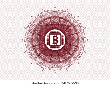 Red rosette or money style emblem with bitcoin chip (cryptocurrency mining concept) icon inside