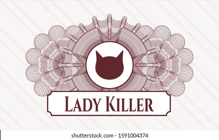 Red rosette (money style emblem) with cat face icon and Lady Killer text inside