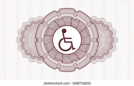 Red rosette (money style emblem) with disabled (wheelchair) icon inside