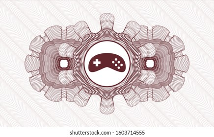 Red rosette or money style emblem with video game icon inside