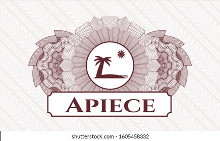 Red rosette or money style emblem with beach icon and Apiece text inside