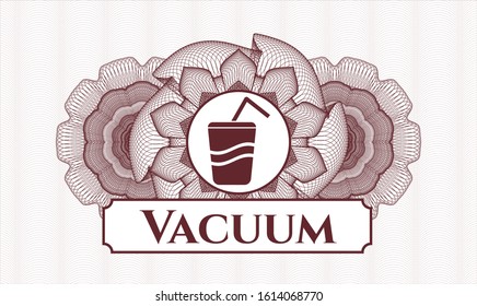 Red rosette (money style emblem) with soda icon and Vacuum text inside