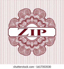 Red rosette or money style emblem with text Zip  inside