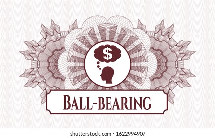 Red rosette or money style emblem with thinking in money icon and Ball-bearing text inside