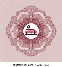 Red rosette (money style emblem) with bench press icon inside