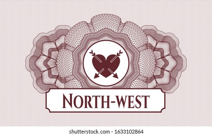 Red rosette or money style emblem with heart with two arrows icon and North-west text inside
