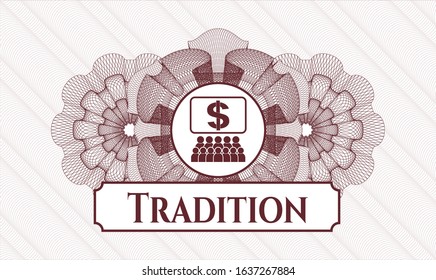 Red rosette or money style emblem with business congress icon and Tradition text inside