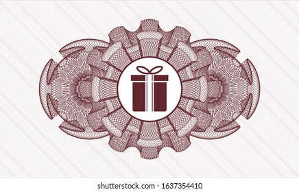 Red rosette or money style emblem with gift box icon inside