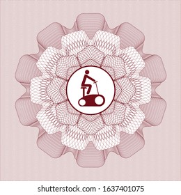 Red rosette (money style emblem) with stationary bike icon inside