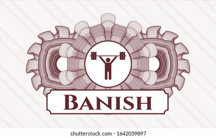Red rosette or money style emblem with weightlifting icon and Banish text inside
