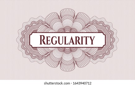 Red rosette or money style emblem with text Regularity inside