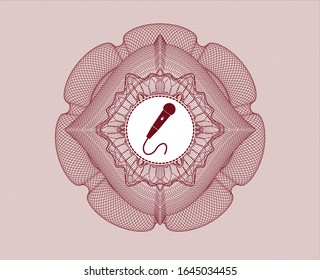 Red rosette (money style emblem) with microphone icon inside