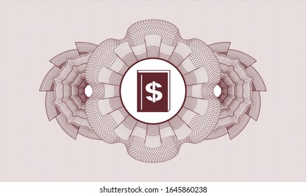 Red rosette or money style emblem with book with money symbol inside icon inside