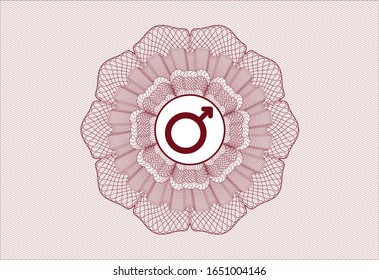 Red rosette or money style emblem with male icon inside