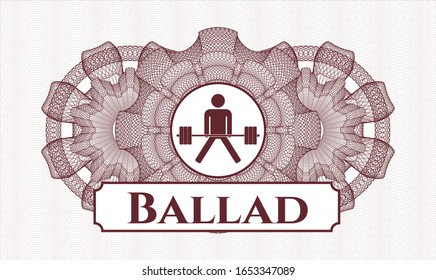 Emblema rojo de estilo rosette o monetario con icono sumo de elevación mortal y texto Ballad dentro