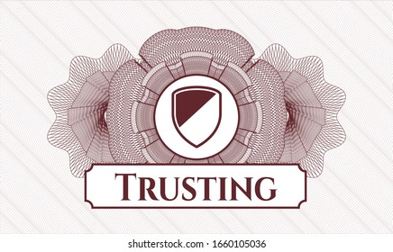 Red rosette or money style emblem with armor icon and Trusting text inside