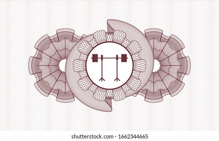 Red rosette (money style emblem) with barbell on rack icon inside