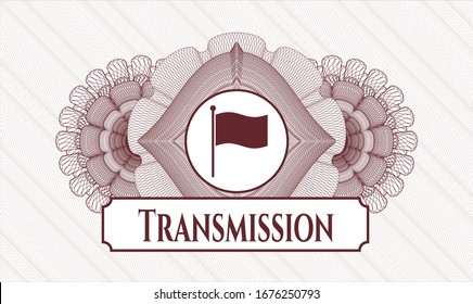 Red rosette (money style emblem) with flag icon and Transmission text inside
