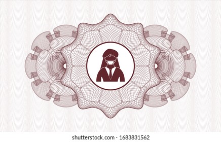 Red rosette or money style emblem with woman wearing face mask icon inside