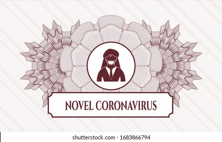 Red rosette or money style emblem with woman wearing face mask icon and Novel Coronavirus text inside
