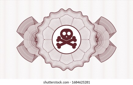 Red rosette or money style emblem with crossbones icon inside