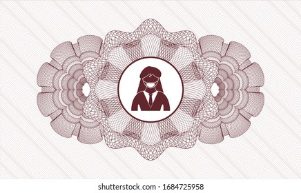 Red rosette or money style emblem with woman wearing face mask icon inside